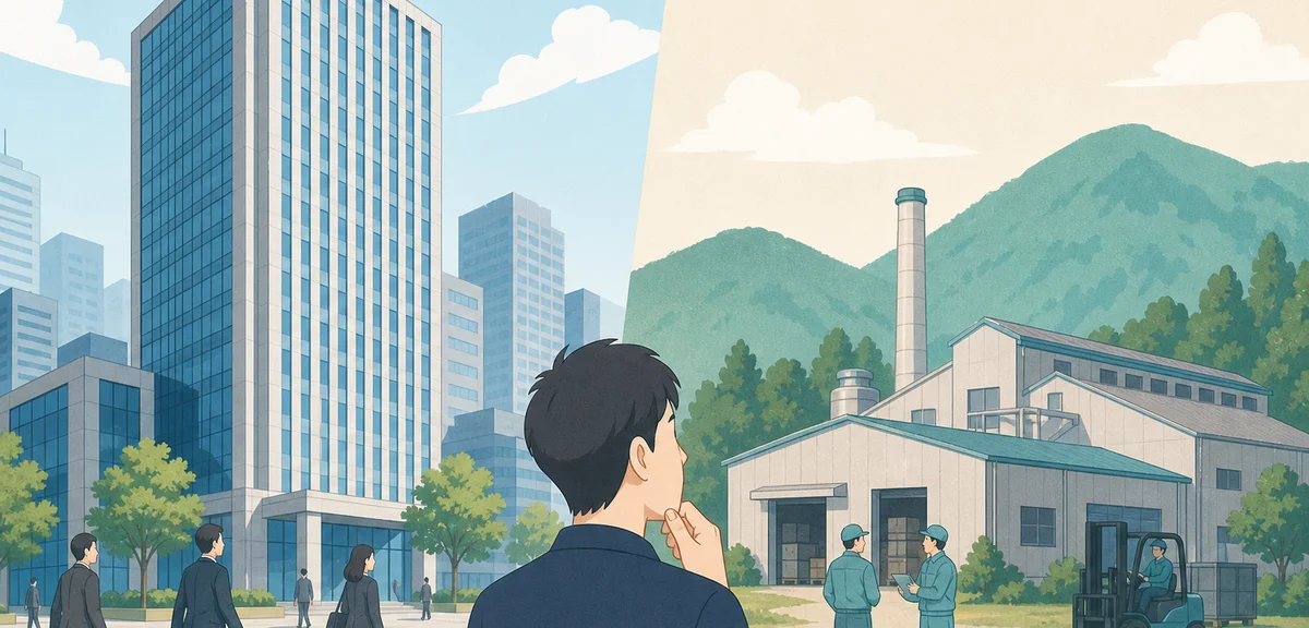 A flat illustration comparing a large corporate building and a small regional factory side by side,