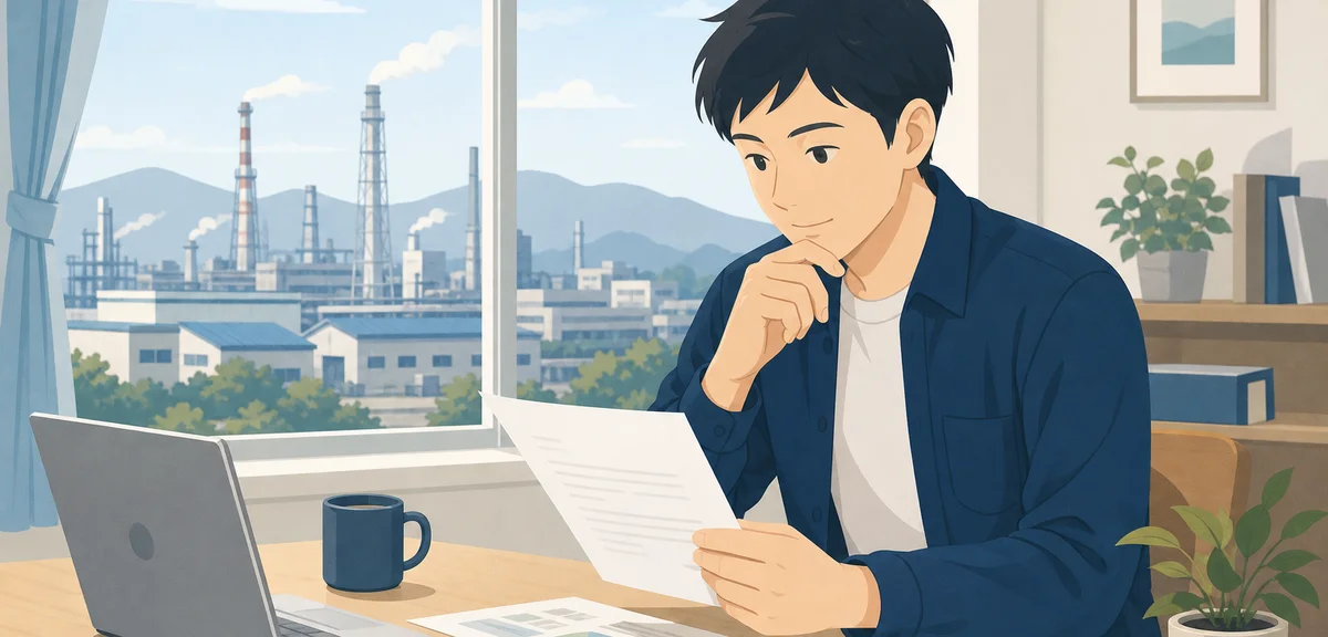 A flat illustration of a person reviewing documents with a factory visible through the window, muted