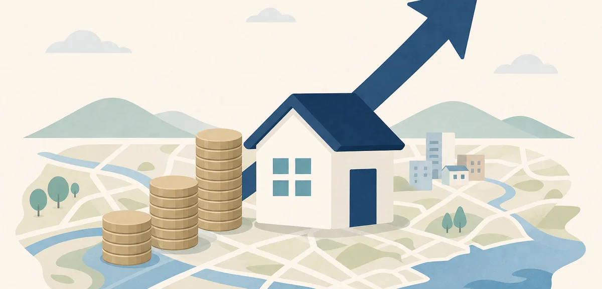 A flat illustration of coins and a house icon with an upward arrow on a simple map, soft cream and n