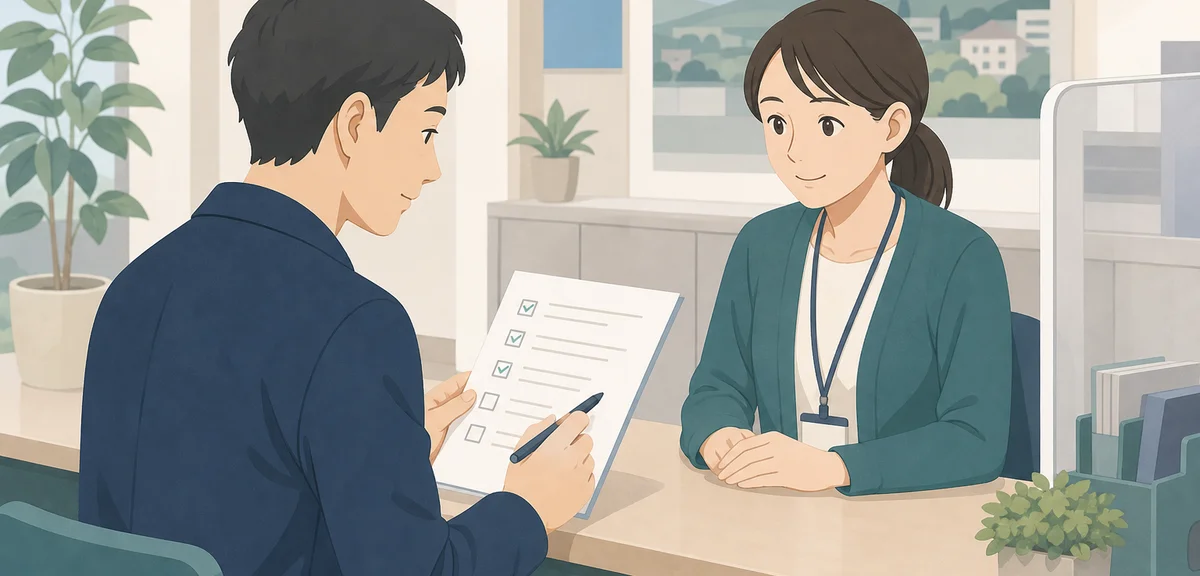 A flat illustration of a person reviewing an application checklist at a municipal counter, warm eart