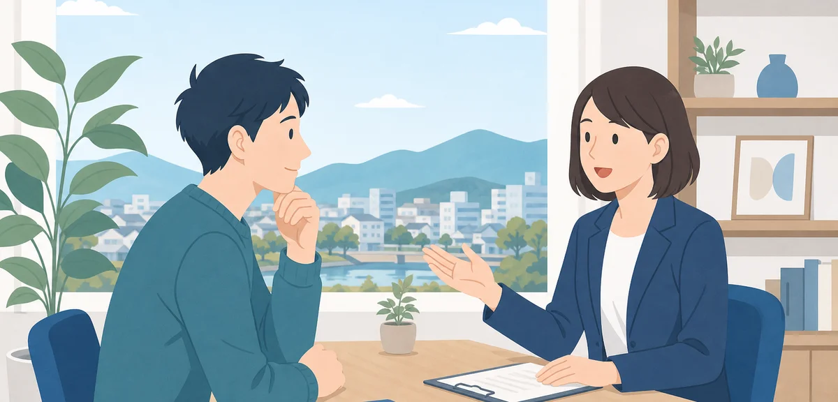 A flat illustration of a person at a consultation desk talking with an advisor, muted blue and warm 