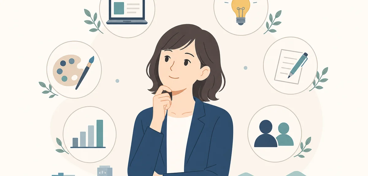 A flat illustration of several skill category icons arranged around a central person figure, soft cr