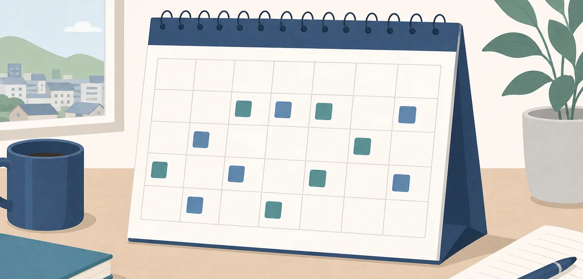 A flat illustration of a calendar with small daily study blocks marked, calm pastel business colors,