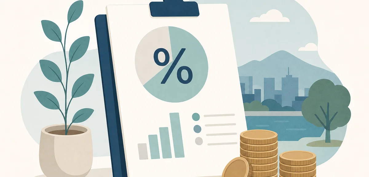 A flat illustration of a document with a percentage symbol and coins beside it, warm earth and teal