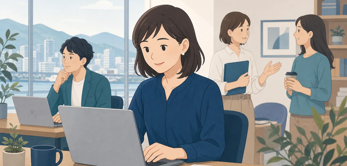 A flat illustration of a person applying a new skill at work with colleagues nearby, muted blue and