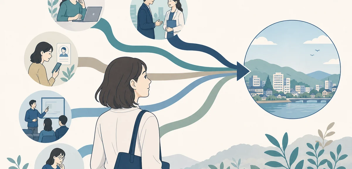 A flat illustration of several different job search route icons converging toward one destination, s