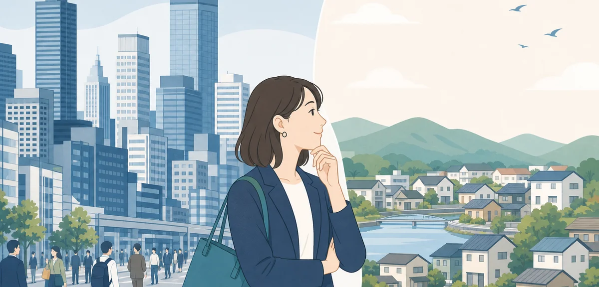 A flat illustration contrasting a dense city skyline with a quiet regional town, calm pastel busines