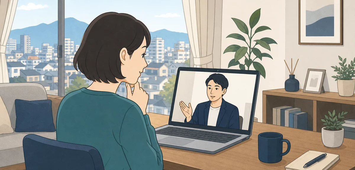 A flat illustration of a person having an online interview from a distant apartment, warm earth and