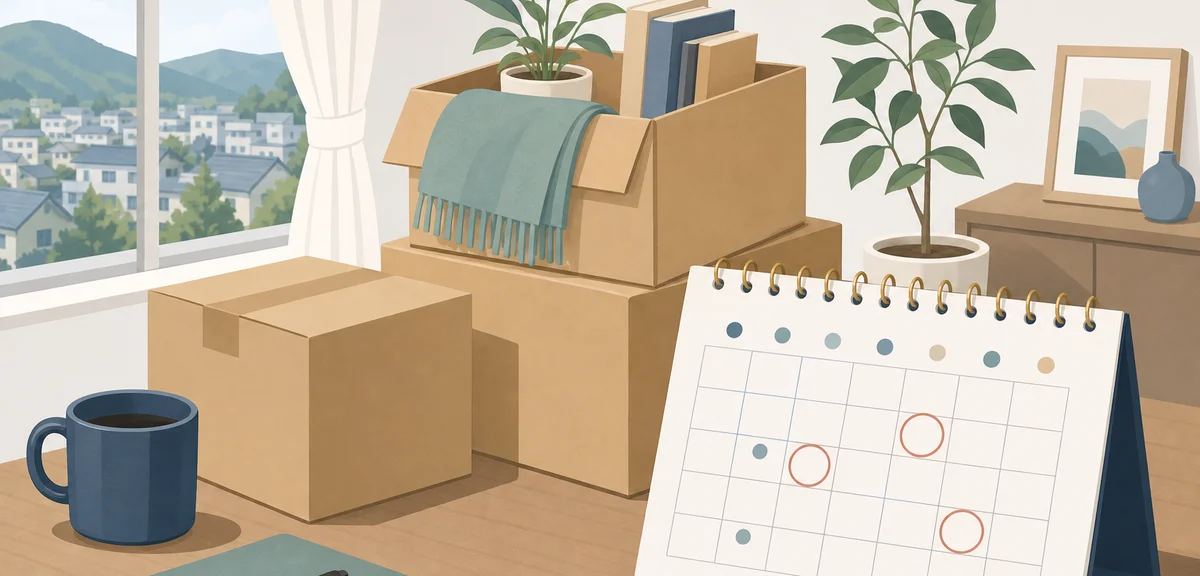 A flat illustration of moving boxes and a calendar with marked dates, muted blue and warm tones, mod