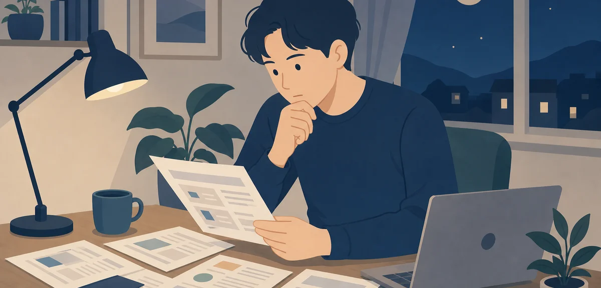 A flat illustration of a person comparing several job postings spread across a desk at night, soft c