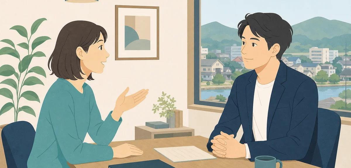 A flat illustration of two people talking across a table in a calm negotiation, warm earth and teal