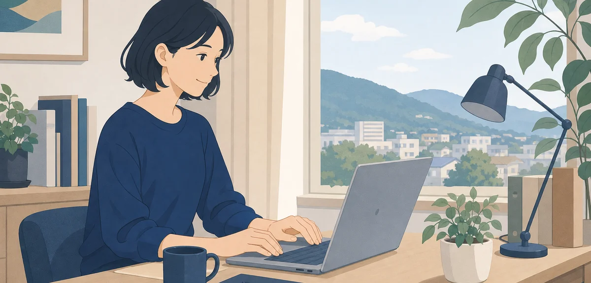 A flat illustration of a person working comfortably at a desk with plants and natural light, muted b