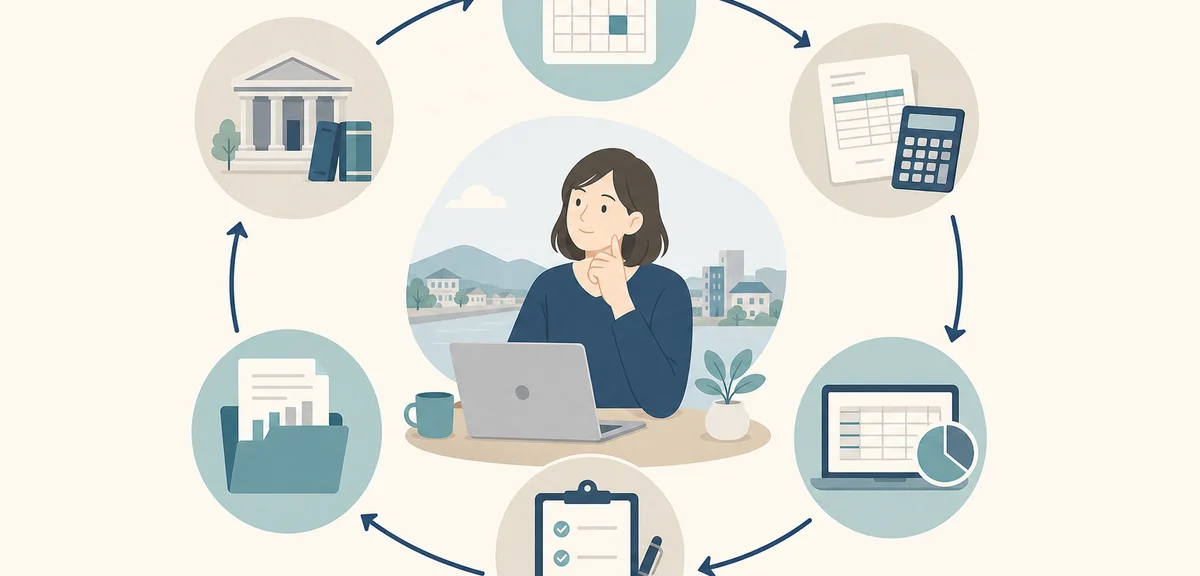 A flat illustration of accounting task icons arranged in a monthly cycle diagram, soft cream and nav