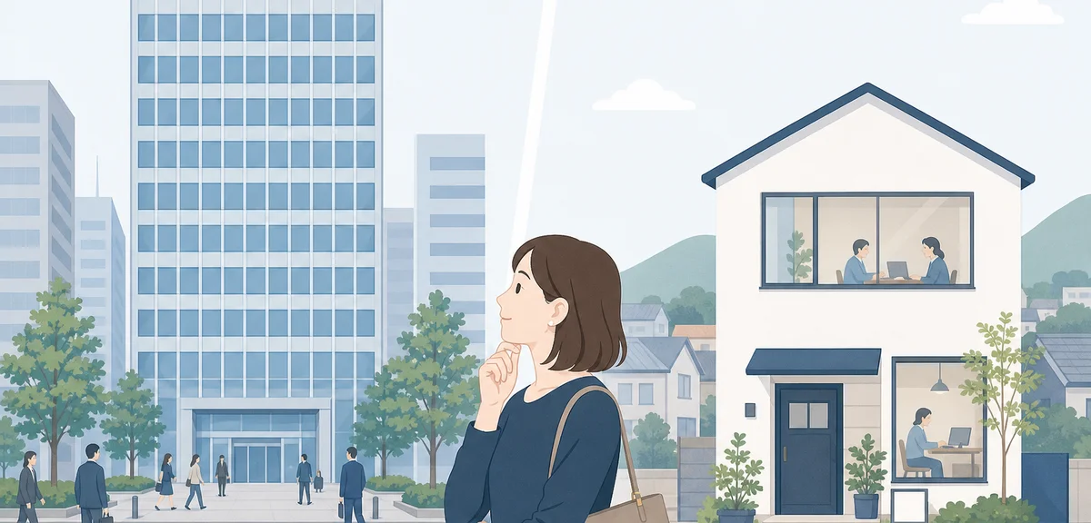 A flat illustration comparing an office building and a small accounting firm side by side, calm past