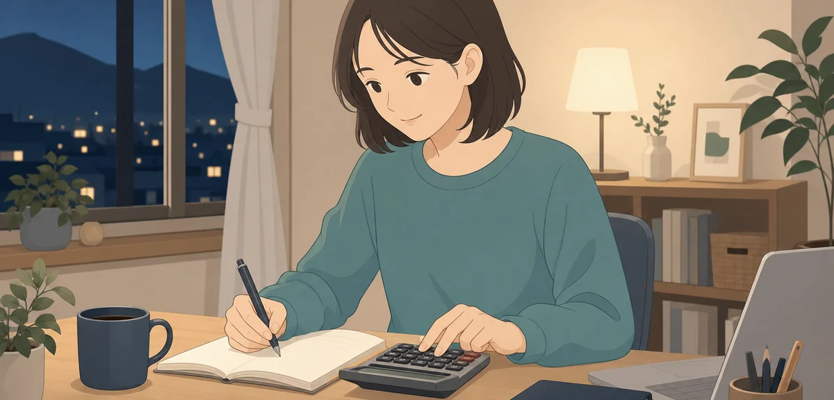 A flat illustration of a person studying bookkeeping at home in the evening, warm earth and teal ton