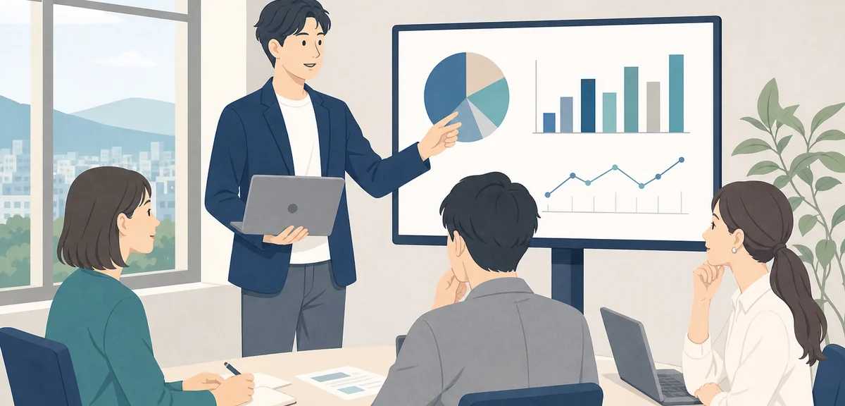 A flat illustration of a person presenting numbers on a screen to colleagues, muted blue and warm to