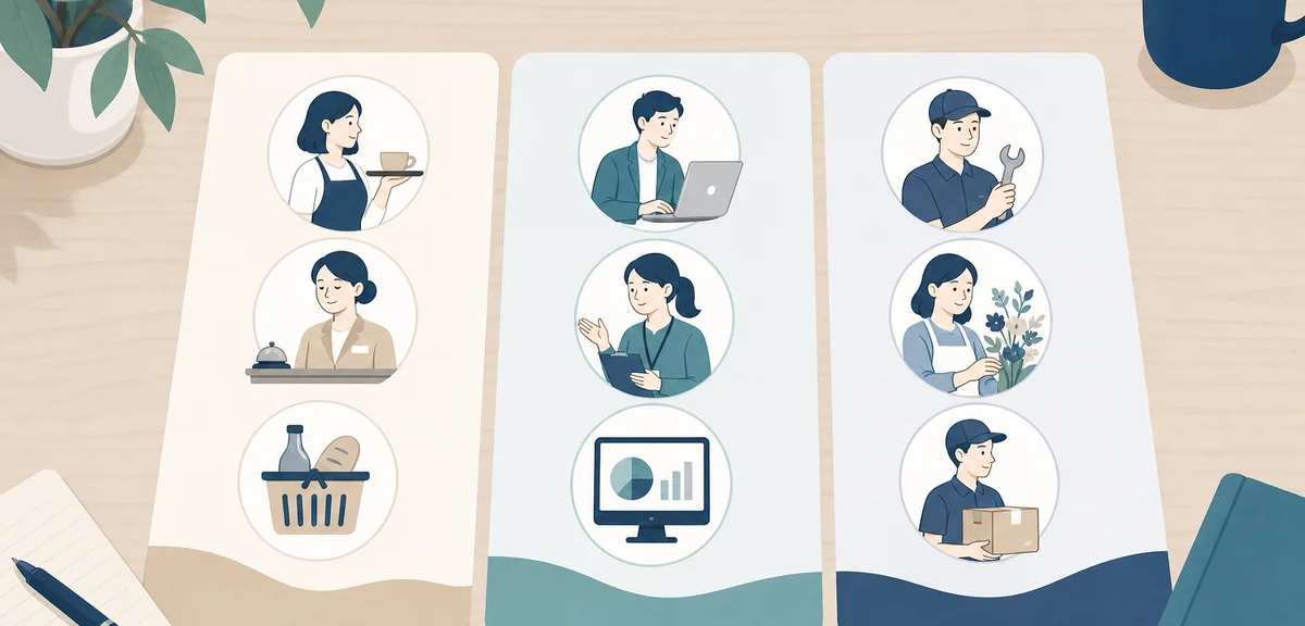 A flat illustration of three groups of service icons separated into categories on a desk, soft cream