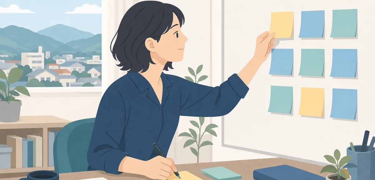 A flat illustration of a person writing priorities on sticky notes and arranging them, calm pastel b