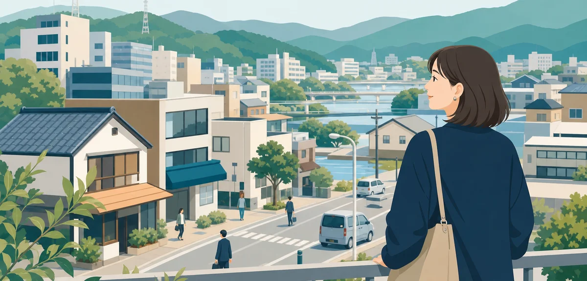 A flat illustration of a regional Japanese town with small offices and hills in the background, warm