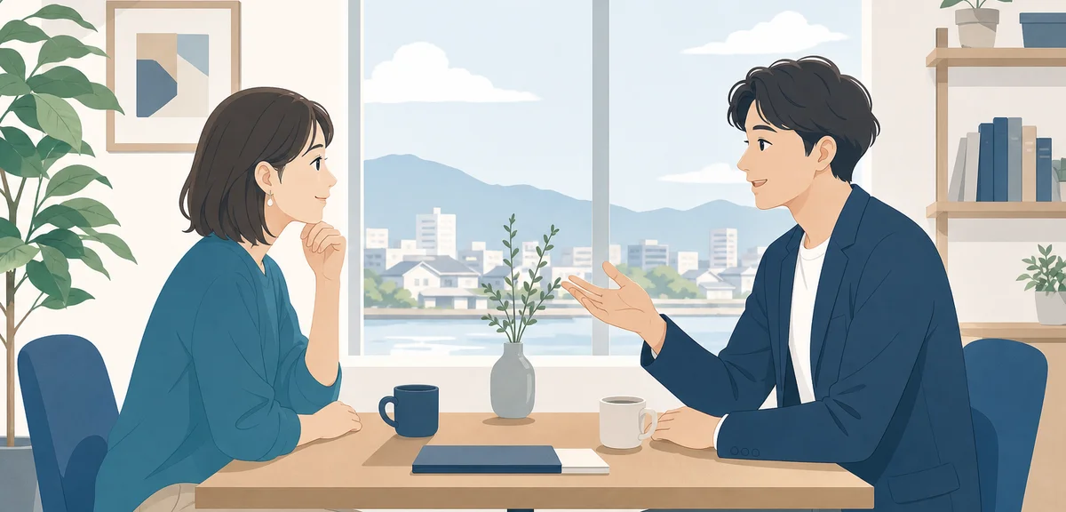 A flat illustration of two people having a calm conversation across a small table, muted blue and wa
