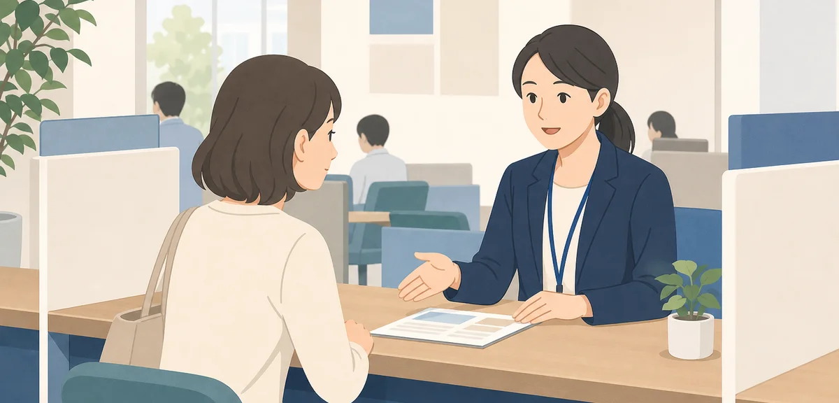 A flat illustration of a public office counter with an advisor helping a visitor, soft cream and nav