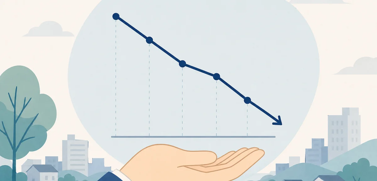 A flat illustration of a descending line chart with a supporting hand underneath, calm pastel busine