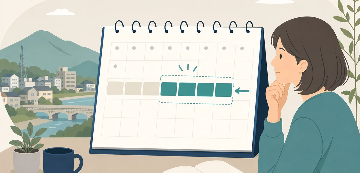 A flat illustration of a calendar with a shortened waiting period highlighted, warm earth and teal t