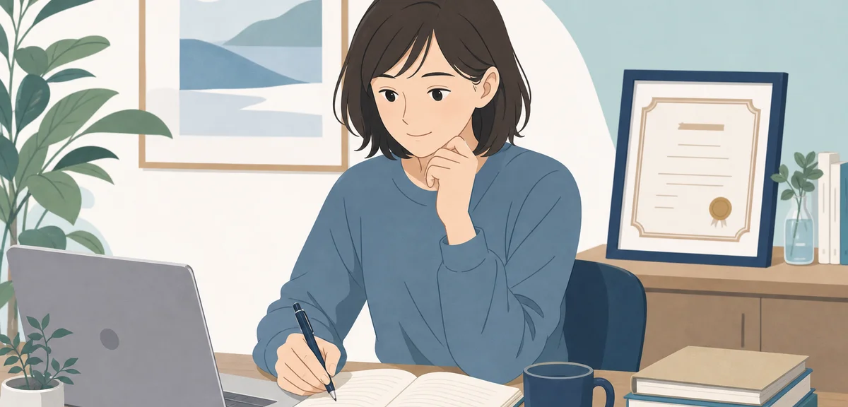 A flat illustration of a person studying a new skill with a certificate nearby, muted blue and warm