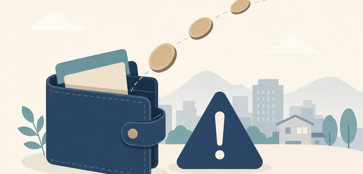 A flat illustration of a wallet with coins flowing away and a warning triangle, soft cream and navy