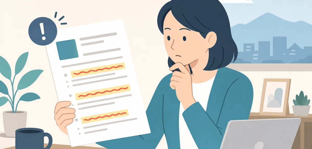 A flat illustration of a job posting document with several highlighted suspicious lines, calm pastel