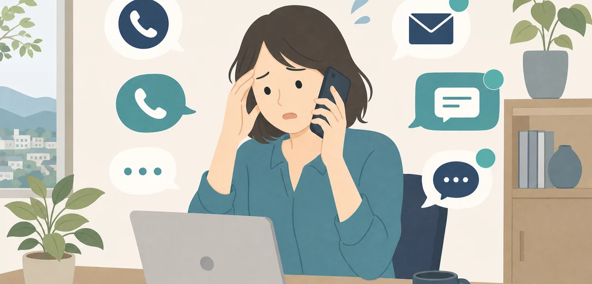 A flat illustration of a person receiving too many phone calls and messages at once, warm earth and