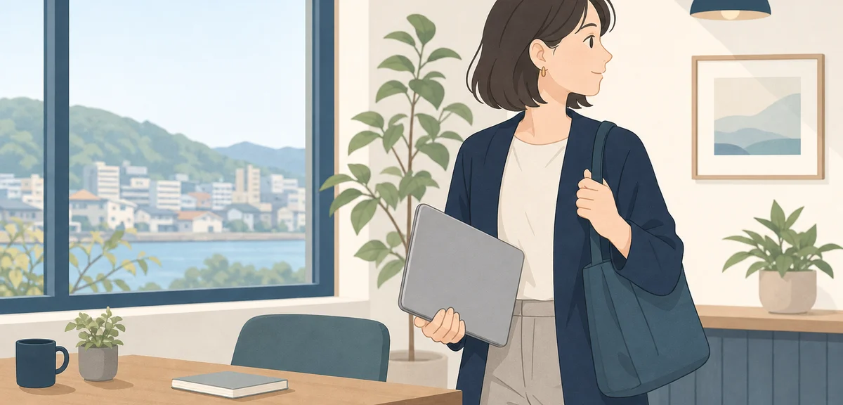 A flat illustration of a person calmly closing a laptop and walking away, muted blue and warm tones,