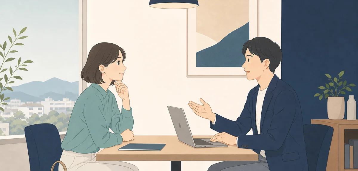 A flat illustration of two people sitting across a small table in a quiet meeting room, soft cream a