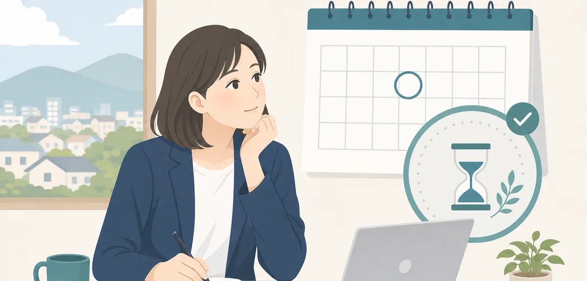 A flat illustration of a calendar with a marked date and a countdown of days, calm pastel business c