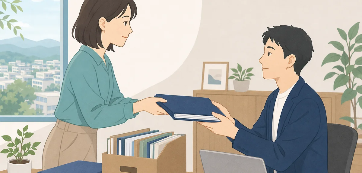 A flat illustration of a person organizing documents and handing over a folder to a colleague, warm