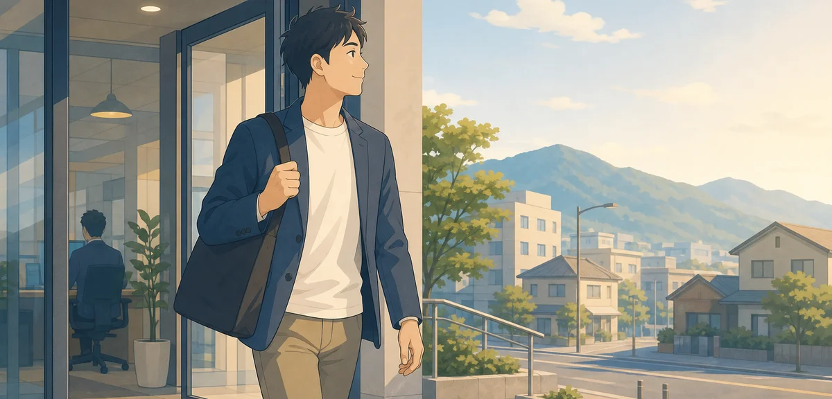 A flat illustration of a person walking out of an office building into morning light, muted blue and
