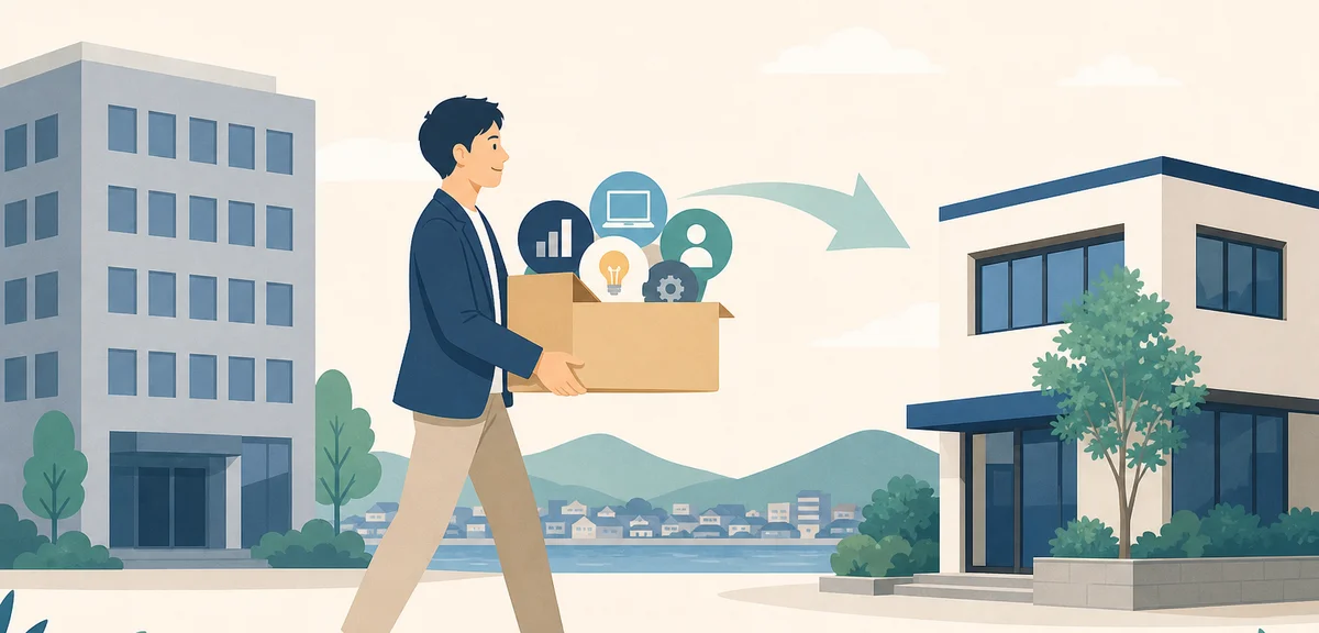 A flat illustration of skill icons being carried in a box from one building to another, soft cream a
