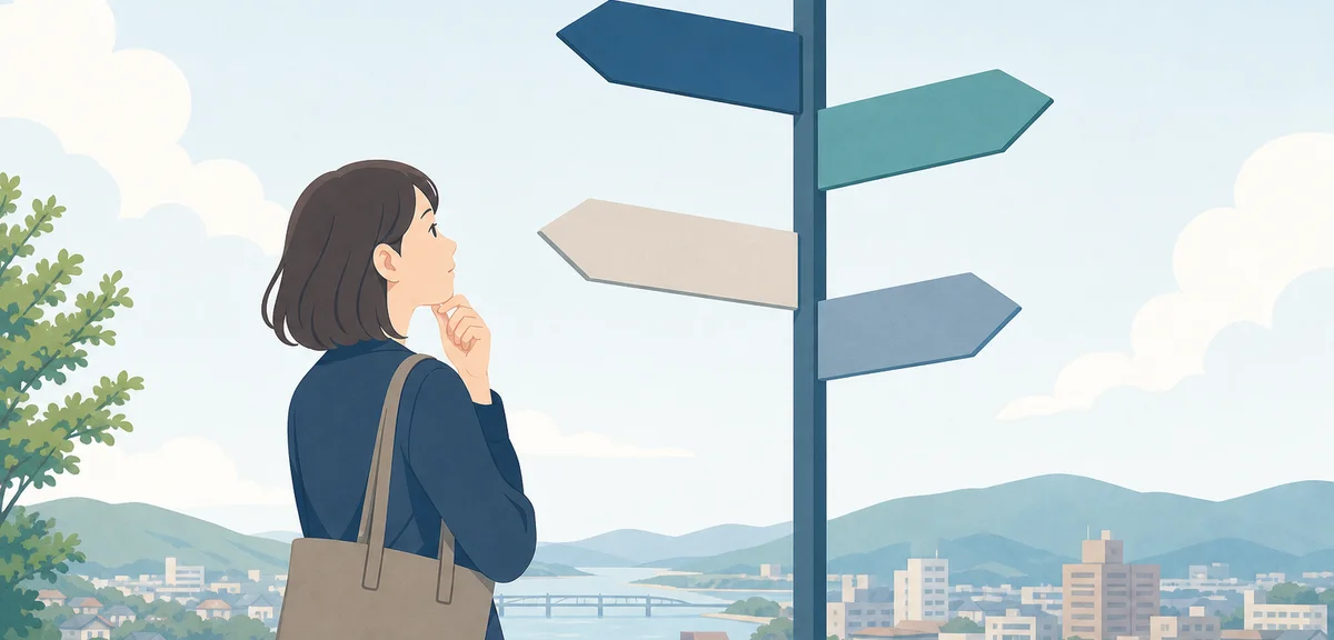 A flat illustration of a signpost with several branching direction arrows, calm pastel business colo