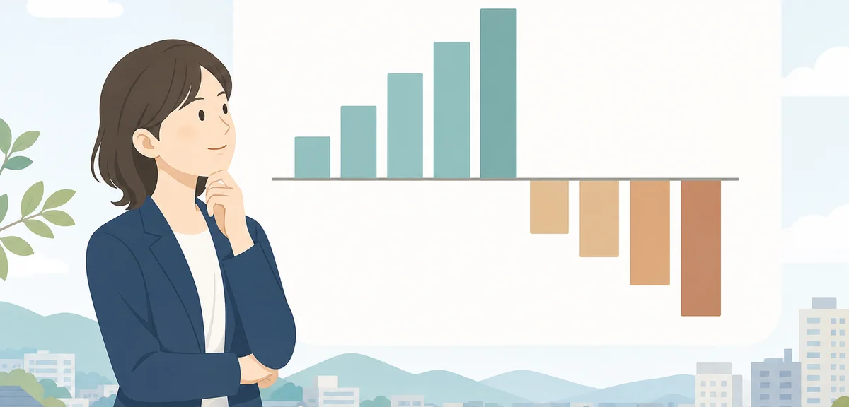 A flat illustration of a bar chart showing wage changes with upward and downward segments, warm eart
