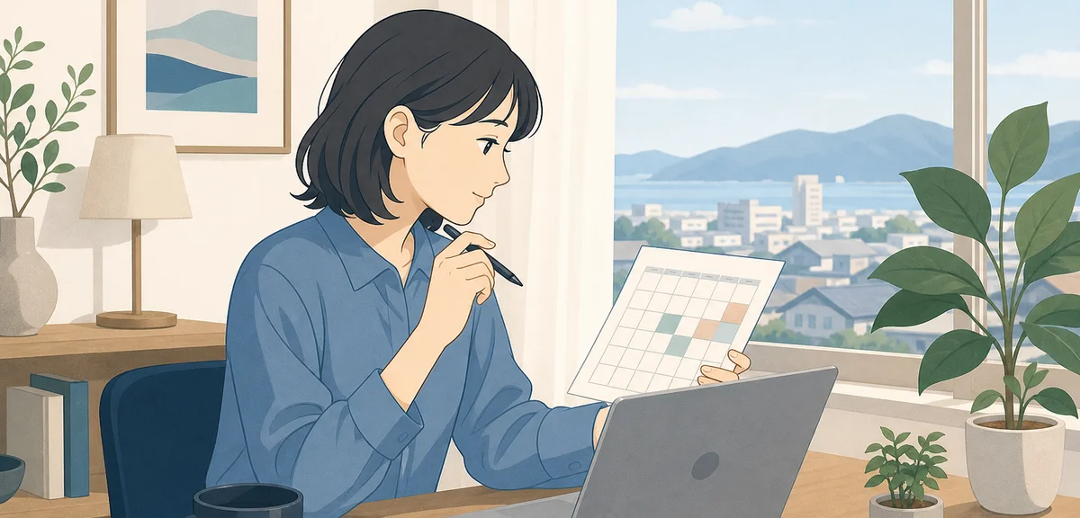 A flat illustration of a person reviewing a schedule on a weekday morning with a laptop, muted blue
