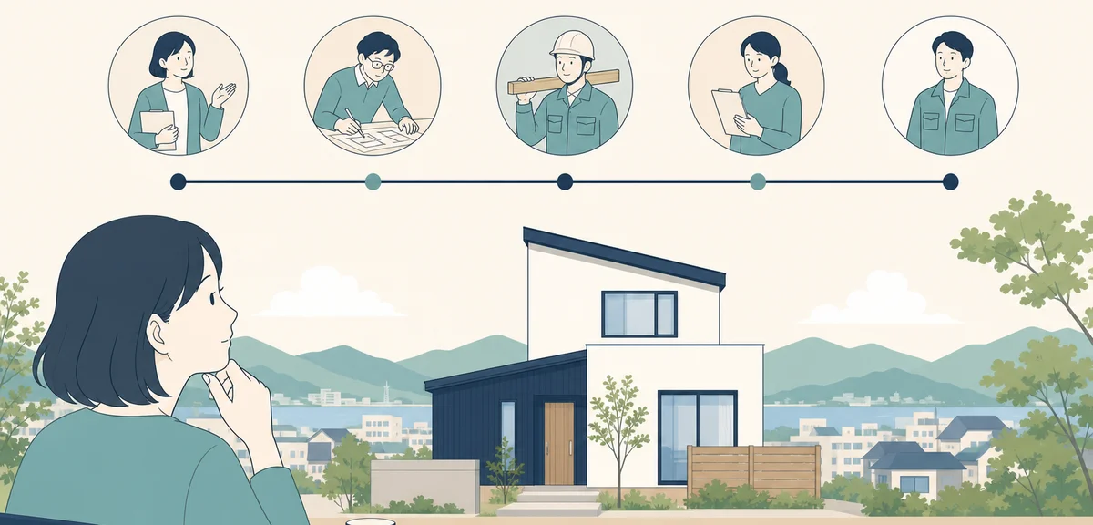 A flat illustration showing a house project timeline with different role icons along it, soft cream 
