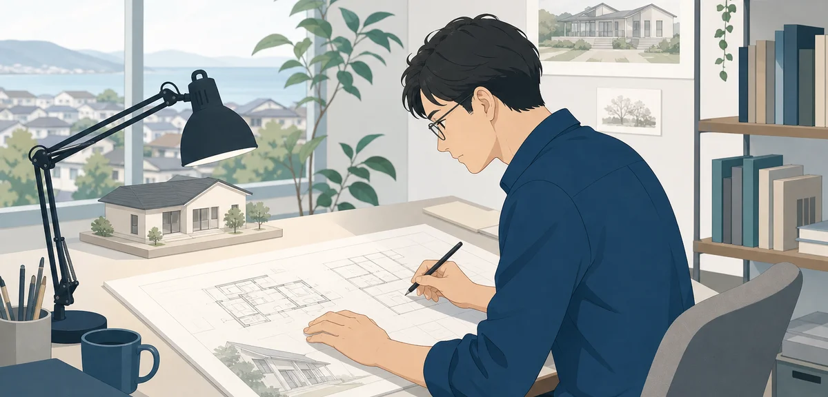 A flat illustration of an architect working on house plans at a drafting desk, calm pastel business 