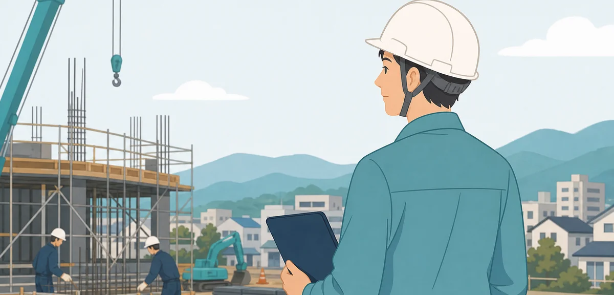 A flat illustration of a site manager with a helmet checking progress at a construction site, warm e