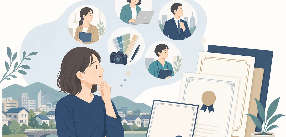A flat illustration of certificate documents arranged beside professional role symbols, muted blue a