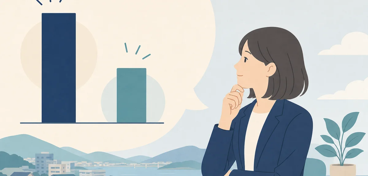 A flat illustration of a bar chart comparison with one clearly lower than the other, soft cream and 
