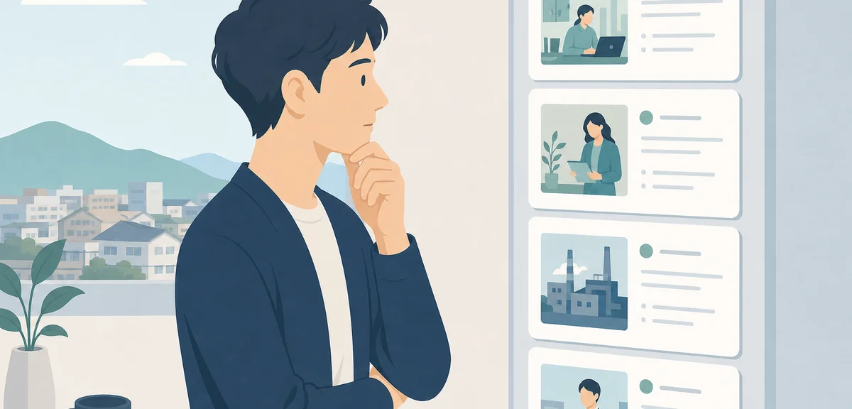 A flat illustration of a person looking at a narrow set of job listing cards, calm pastel business c