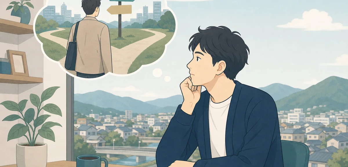 A flat illustration of a person reflecting with a thought bubble showing a past decision, warm earth