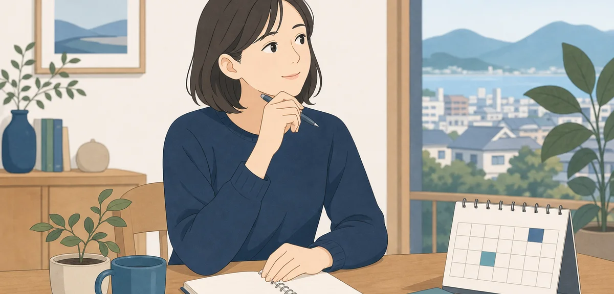 A flat illustration of a person calmly planning with a notebook and calendar, muted blue and warm to